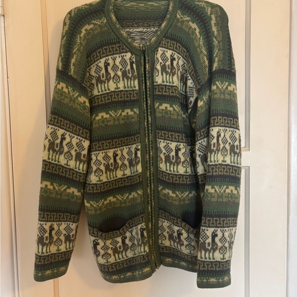 Sweaters - Green Alpaca-Pattern Knit Cardigan